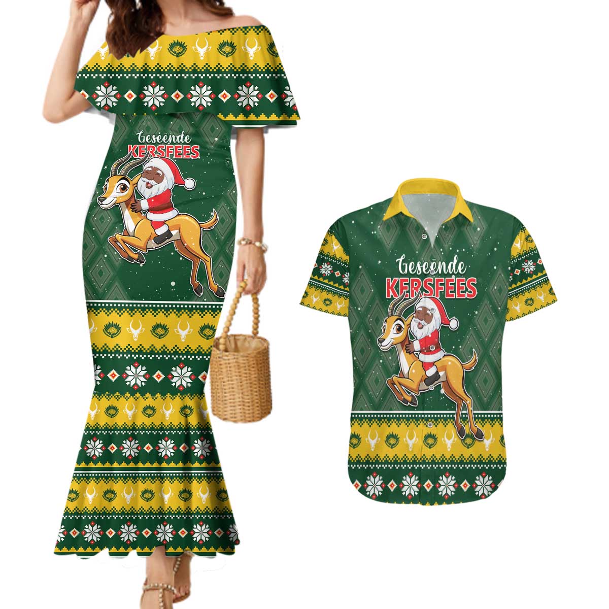 South Africa Christmas Couples Matching Mermaid Dress and Hawaiian Shirt Funny Santa Riding Springbok LT05 - Wonder Print Shop