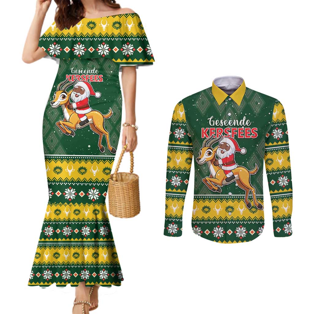 South Africa Christmas Couples Matching Mermaid Dress and Long Sleeve Button Shirt Funny Santa Riding Springbok