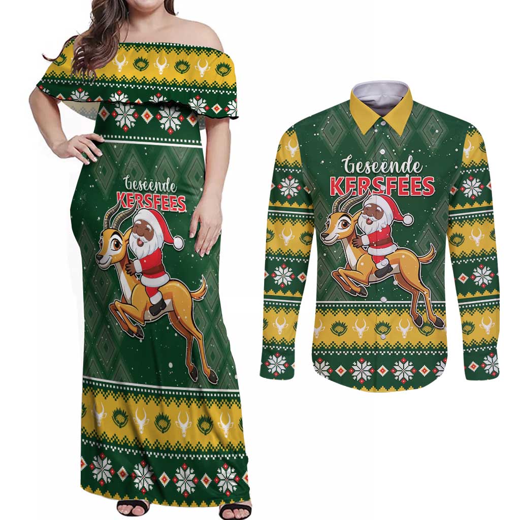 South Africa Christmas Couples Matching Off Shoulder Maxi Dress and Long Sleeve Button Shirt Funny Santa Riding Springbok LT05 - Wonder Print Shop