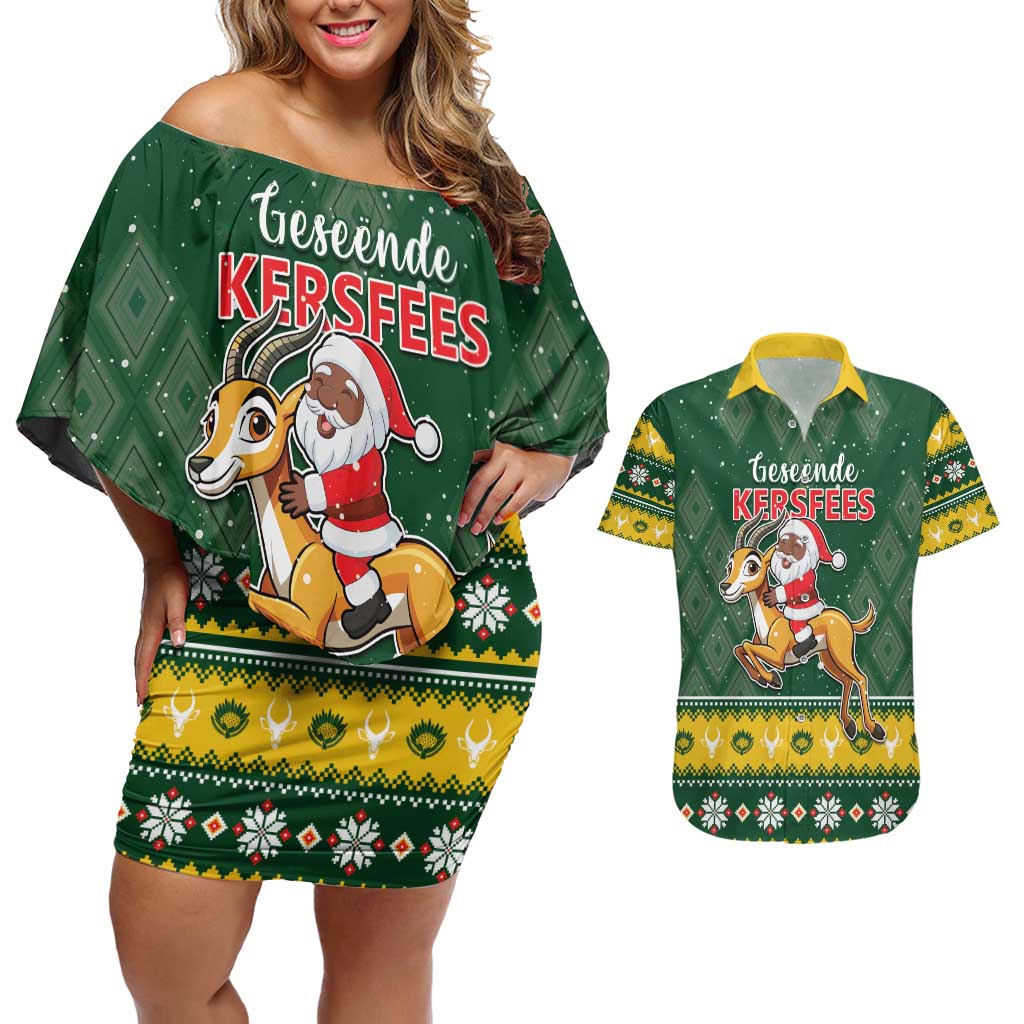 South Africa Christmas Couples Matching Off Shoulder Short Dress and Hawaiian Shirt Funny Santa Riding Springbok LT05 - Wonder Print Shop