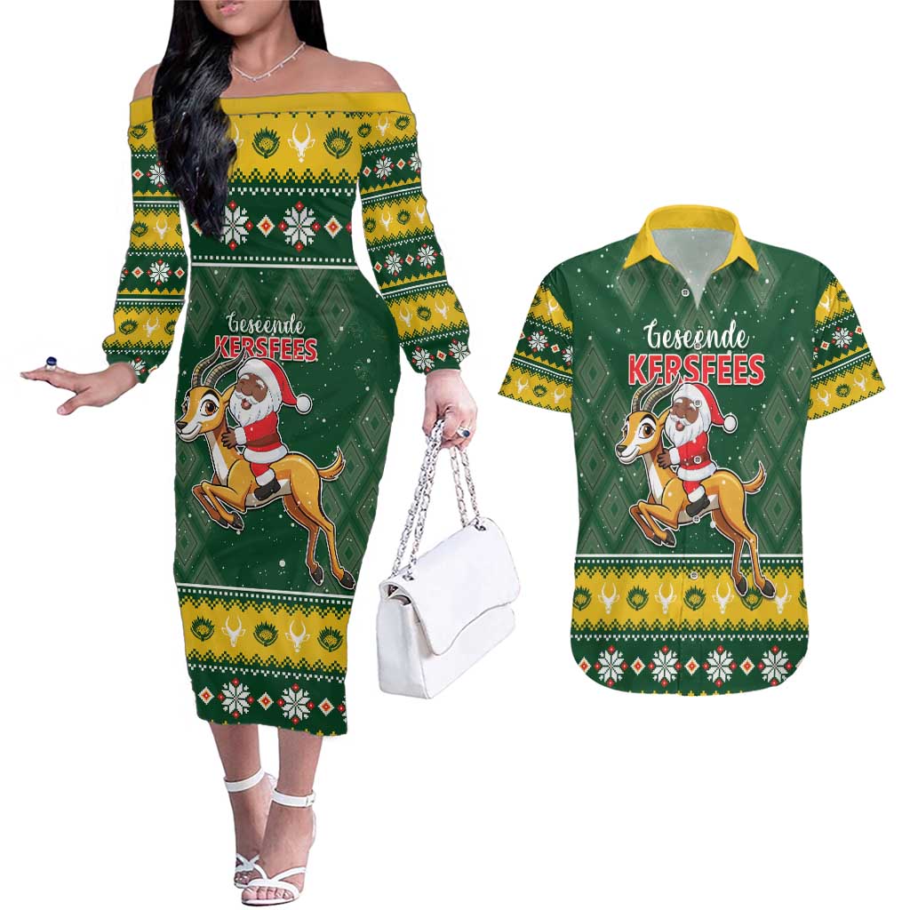 South Africa Christmas Couples Matching Off The Shoulder Long Sleeve Dress and Hawaiian Shirt Funny Santa Riding Springbok LT05 - Wonder Print Shop