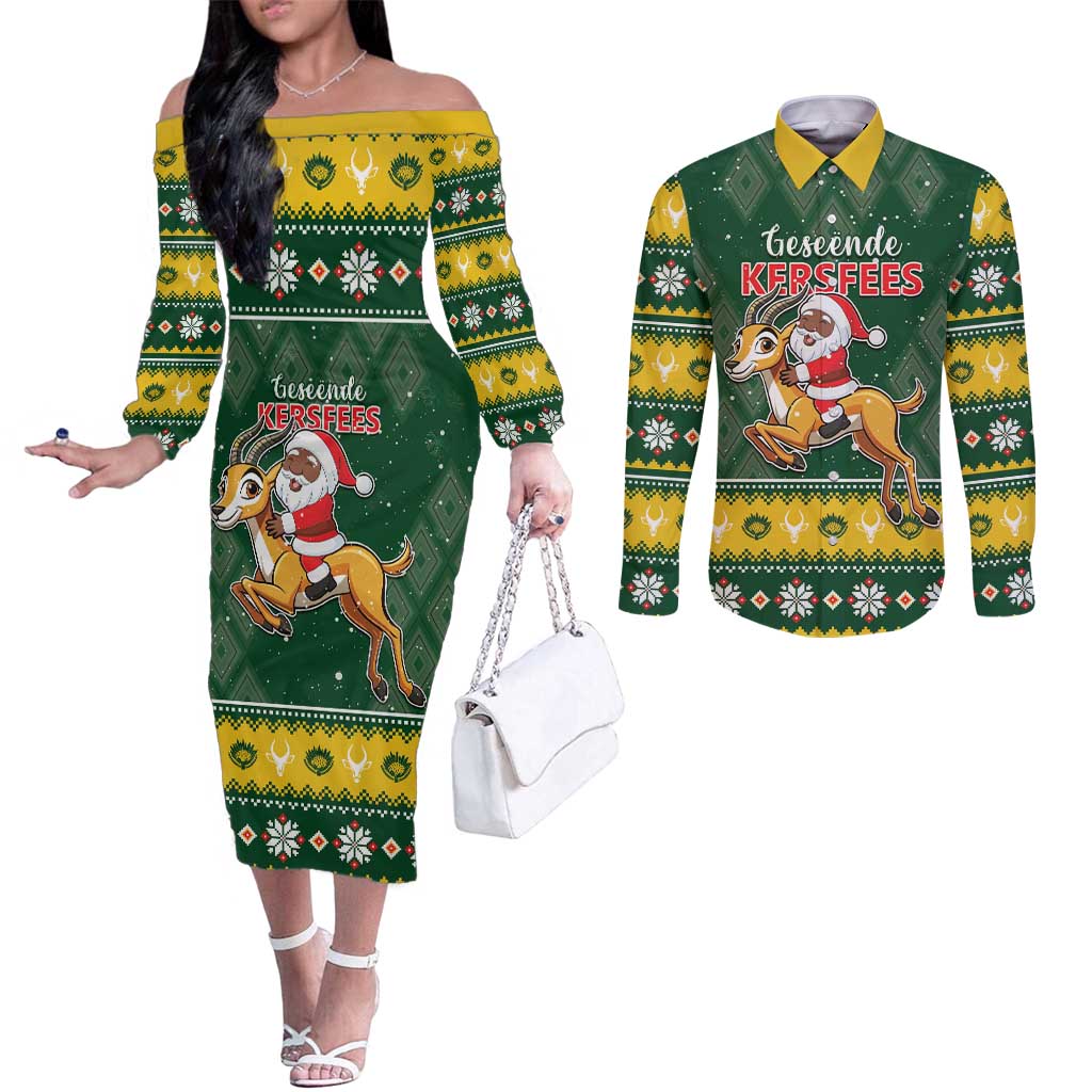 South Africa Christmas Couples Matching Off The Shoulder Long Sleeve Dress and Long Sleeve Button Shirt Funny Santa Riding Springbok