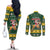 South Africa Christmas Couples Matching Off The Shoulder Long Sleeve Dress and Long Sleeve Button Shirt Funny Santa Riding Springbok