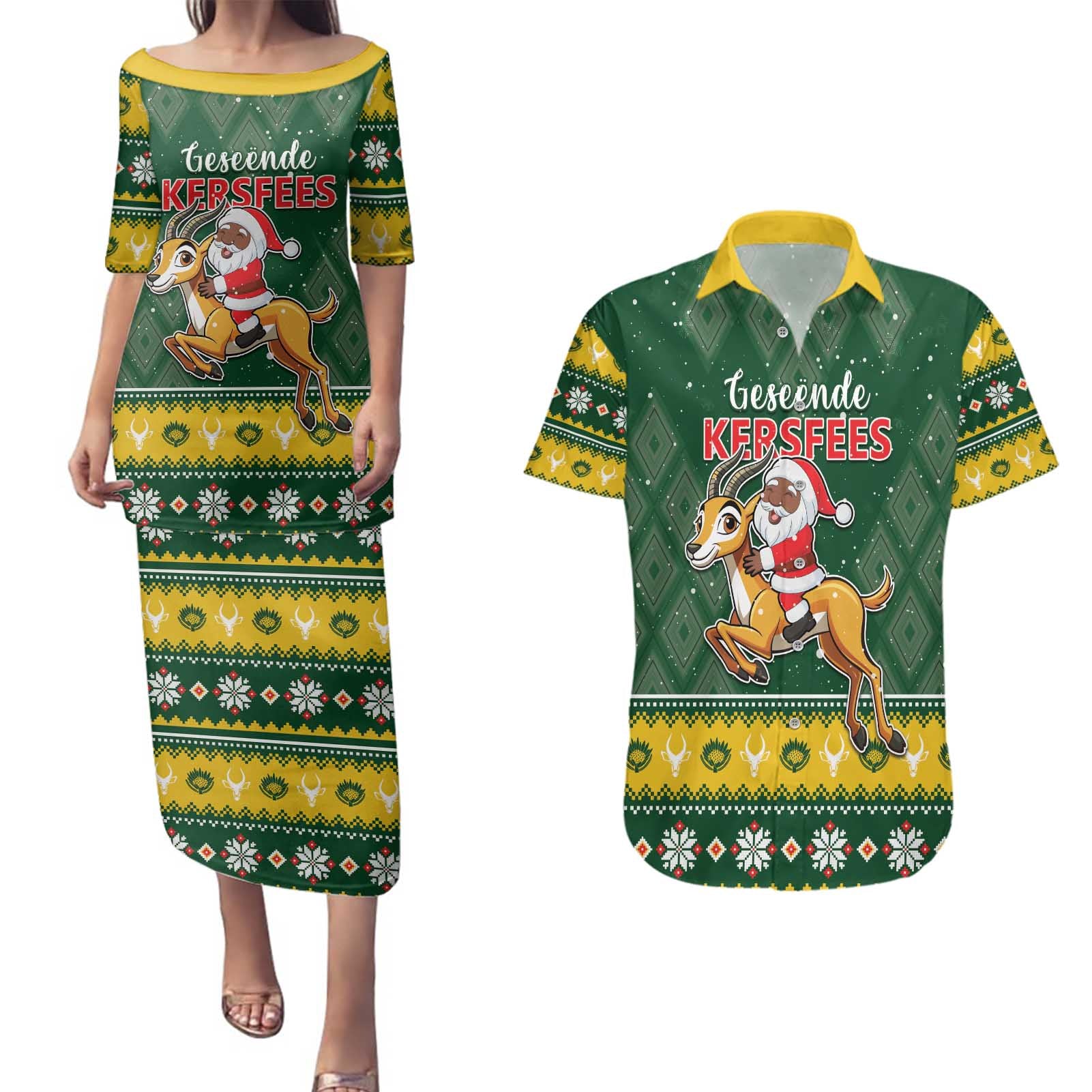 South Africa Christmas Couples Matching Puletasi and Hawaiian Shirt Funny Santa Riding Springbok LT05 - Wonder Print Shop