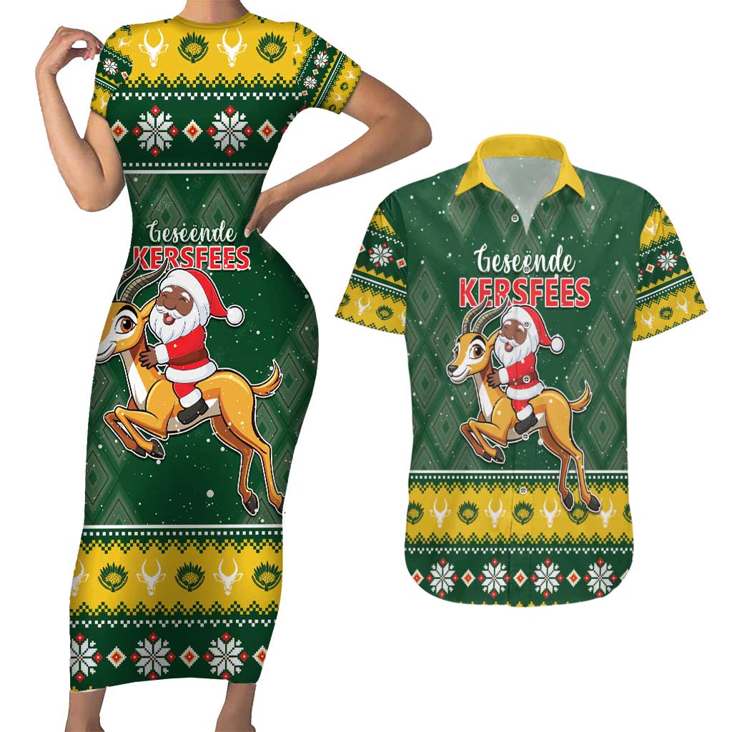 South Africa Christmas Couples Matching Short Sleeve Bodycon Dress and Hawaiian Shirt Funny Santa Riding Springbok LT05 - Wonder Print Shop