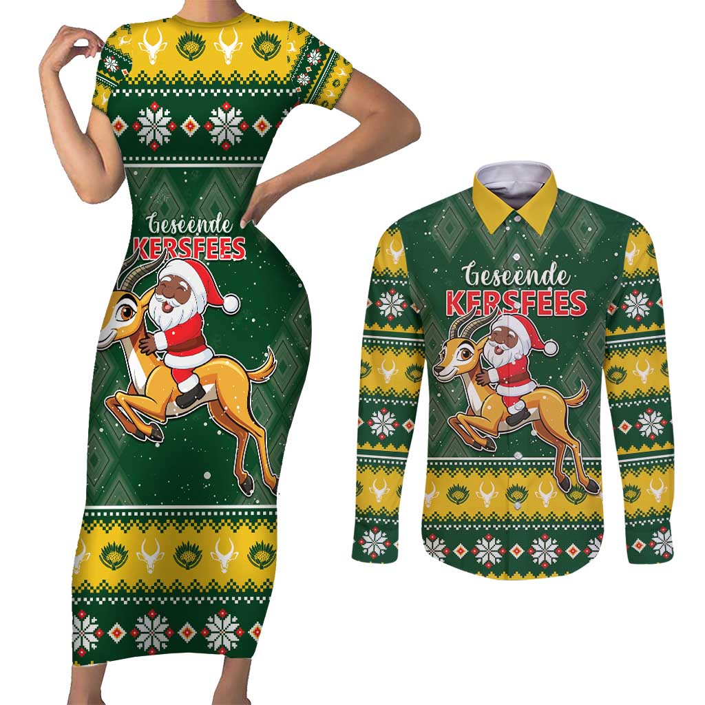 South Africa Christmas Couples Matching Short Sleeve Bodycon Dress and Long Sleeve Button Shirt Funny Santa Riding Springbok LT05 - Wonder Print Shop