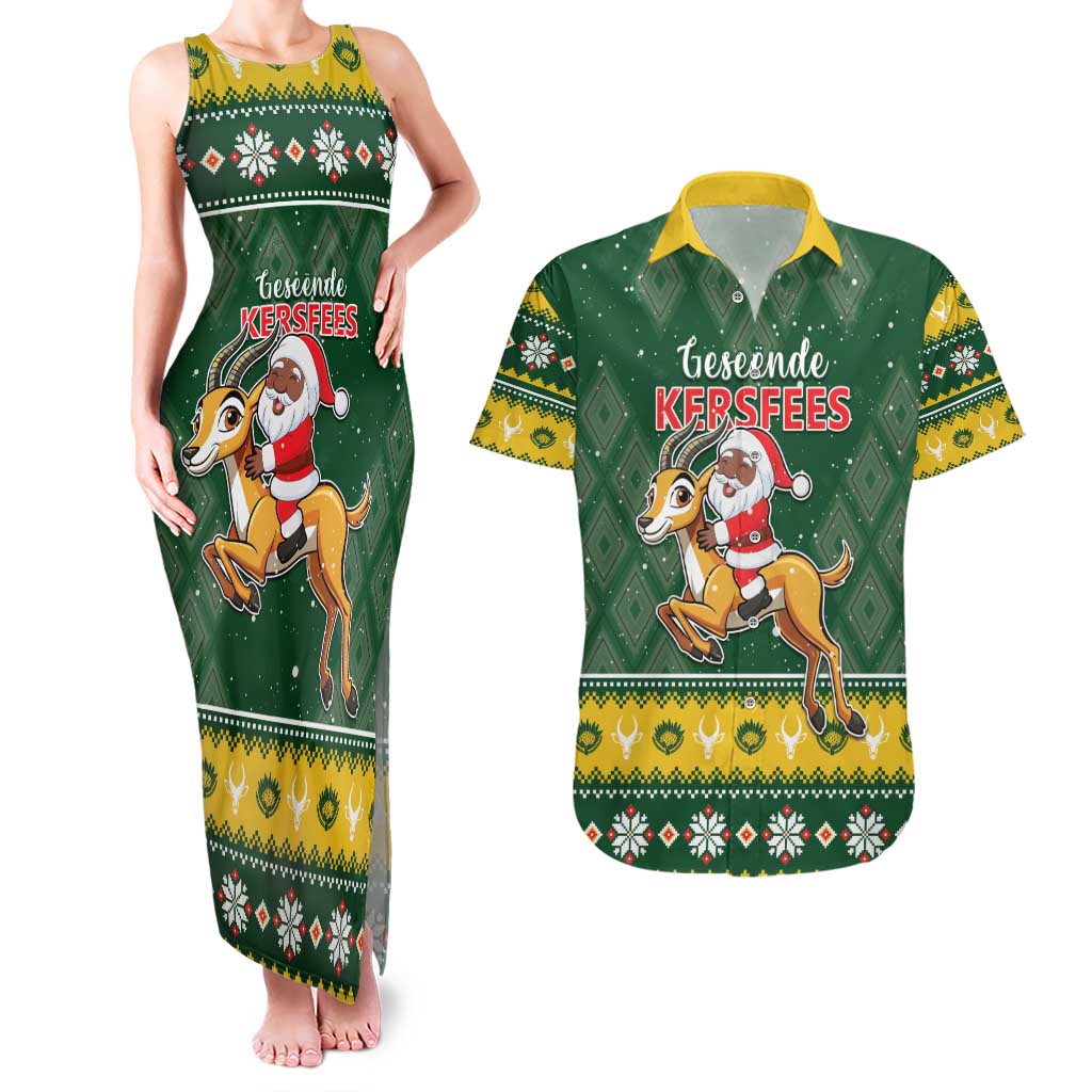 South Africa Christmas Couples Matching Tank Maxi Dress and Hawaiian Shirt Funny Santa Riding Springbok LT05 - Wonder Print Shop