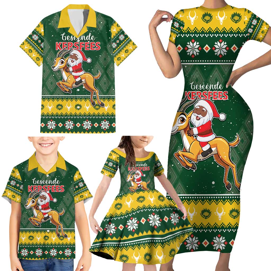 South Africa Christmas Family Matching Short Sleeve Bodycon Dress and Hawaiian Shirt Funny Santa Riding Springbok LT05 - Wonder Print Shop