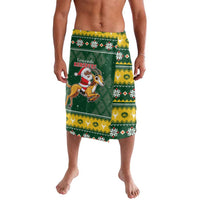 Green Christmas lavalava wrap skirt with Santa and springbok print, geometric border