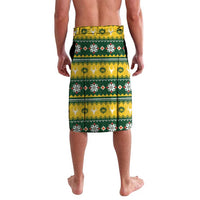 Green Christmas lavalava wrap skirt with patterned holiday strip and animal icons