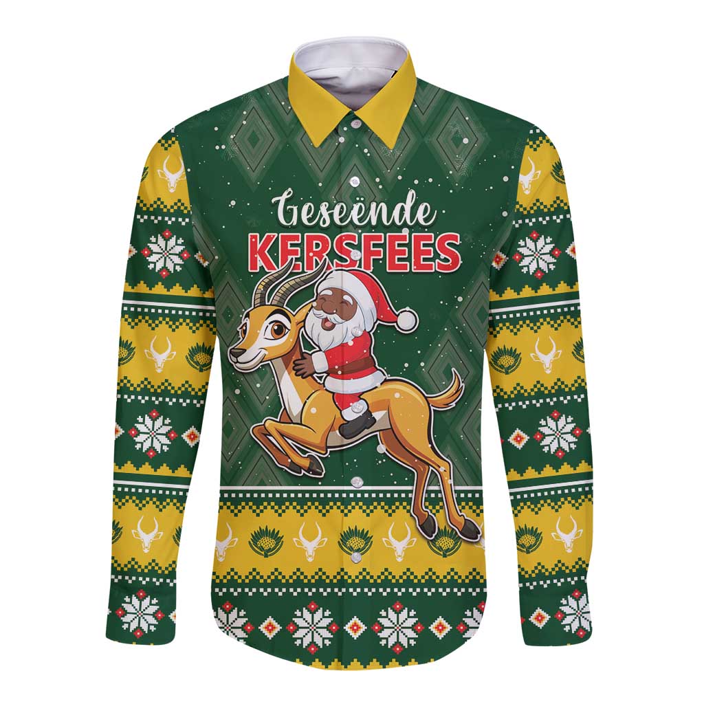 Green long-sleeve button shirt with Santa riding springbok and festive holiday border