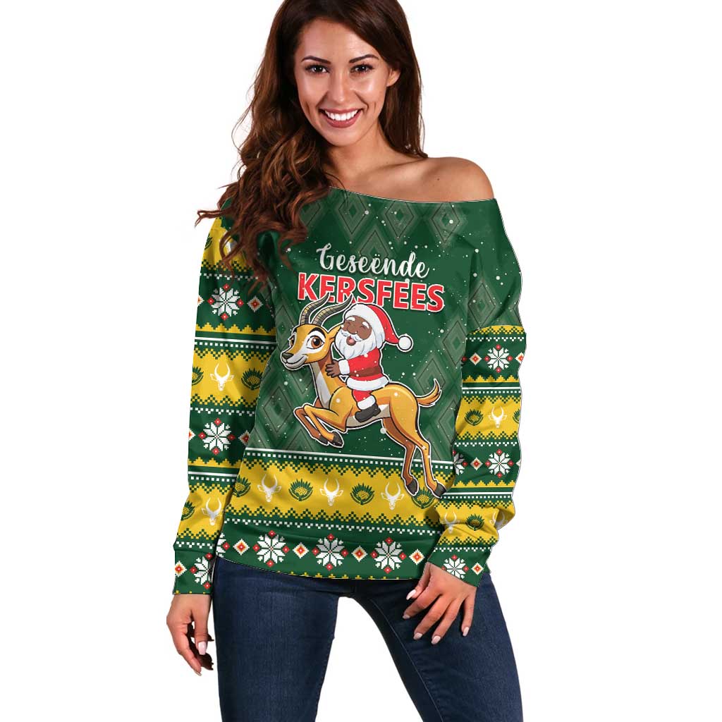 South Africa Christmas Off Shoulder Sweater Funny Santa Riding Springbok LT05 - Wonder Print Shop