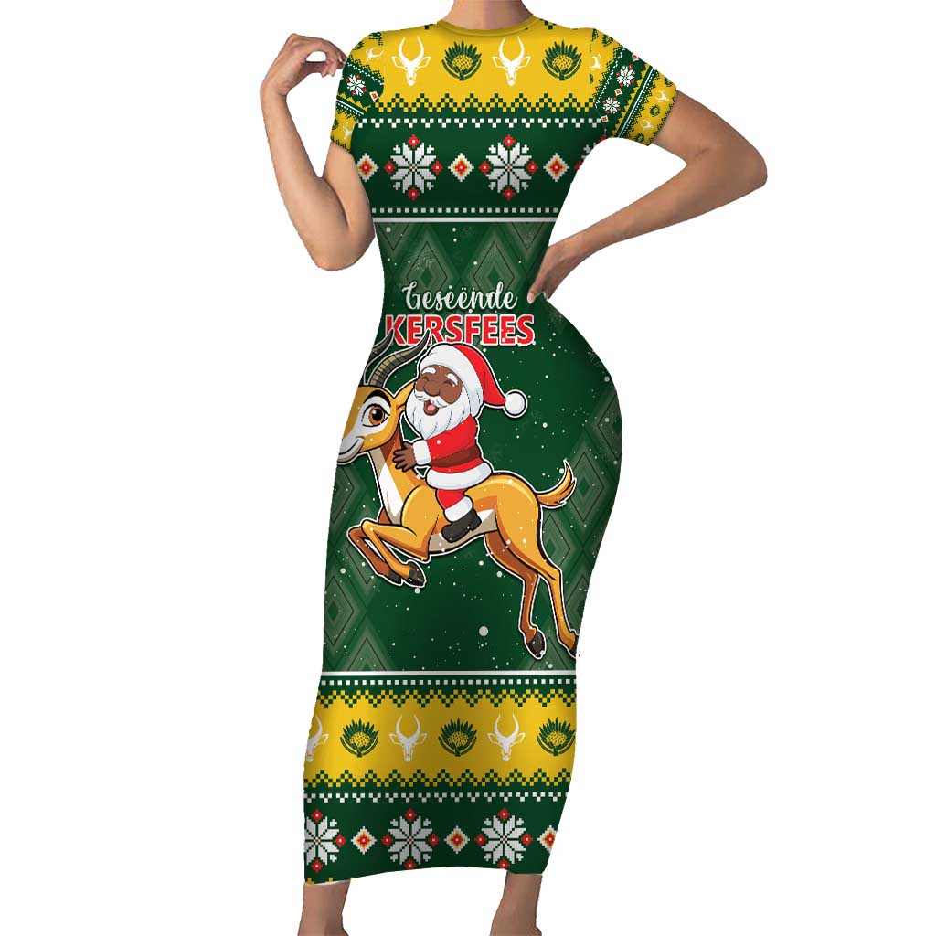 South Africa Christmas Short Sleeve Bodycon Dress Funny Santa Riding Springbok