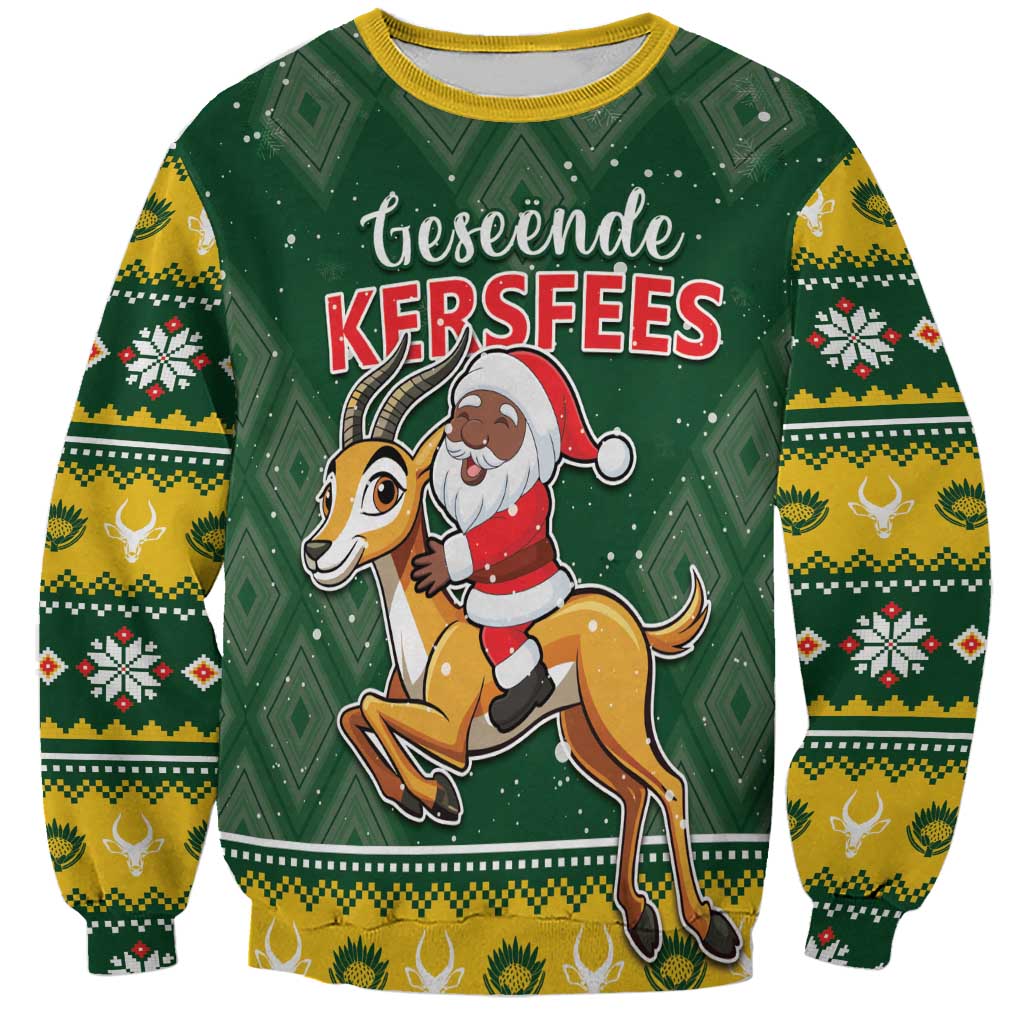 Green unisex Christmas sweatshirt with Santa riding a springbok, festive sleeve pattern