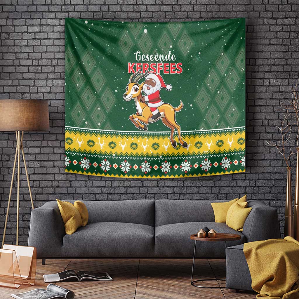 Green Christmas tapestry hanging on a brick wall, Santa riding a dog with decorative border.