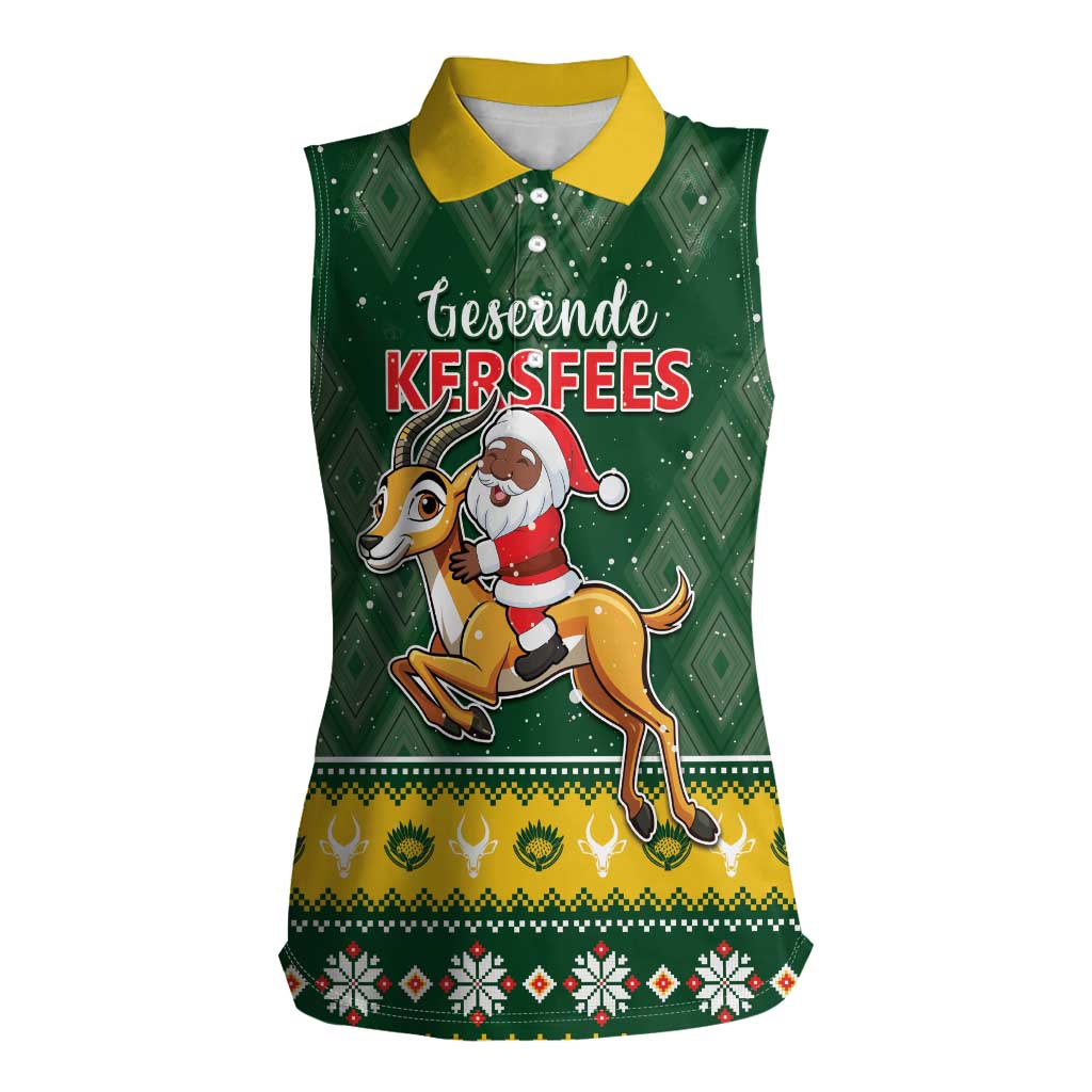 South Africa Christmas Women Sleeveless Polo Shirt Funny Santa Riding Springbok LT05 - Wonder Print Shop