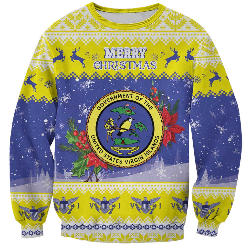 United States Virgin Islands Christmas Sweatshirt Coat Of Arms With Poinsettia - Wonder Print Shop