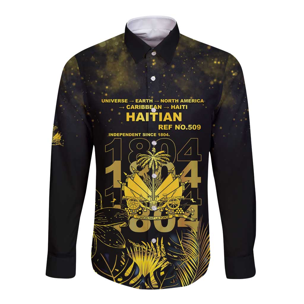 Haiti 1804 Long Sleeve Button Shirt Gold Tropical Leaves And Coat Of Arms - Wonder Print Shop