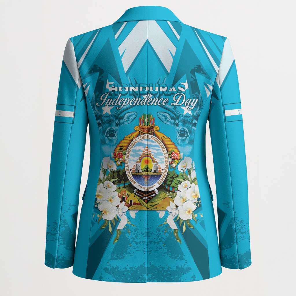 Unisex teal-blue blazer back with Independence Day text and central crest, floral accents.