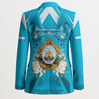 Unisex teal-blue blazer back with Independence Day text and central crest, floral accents.