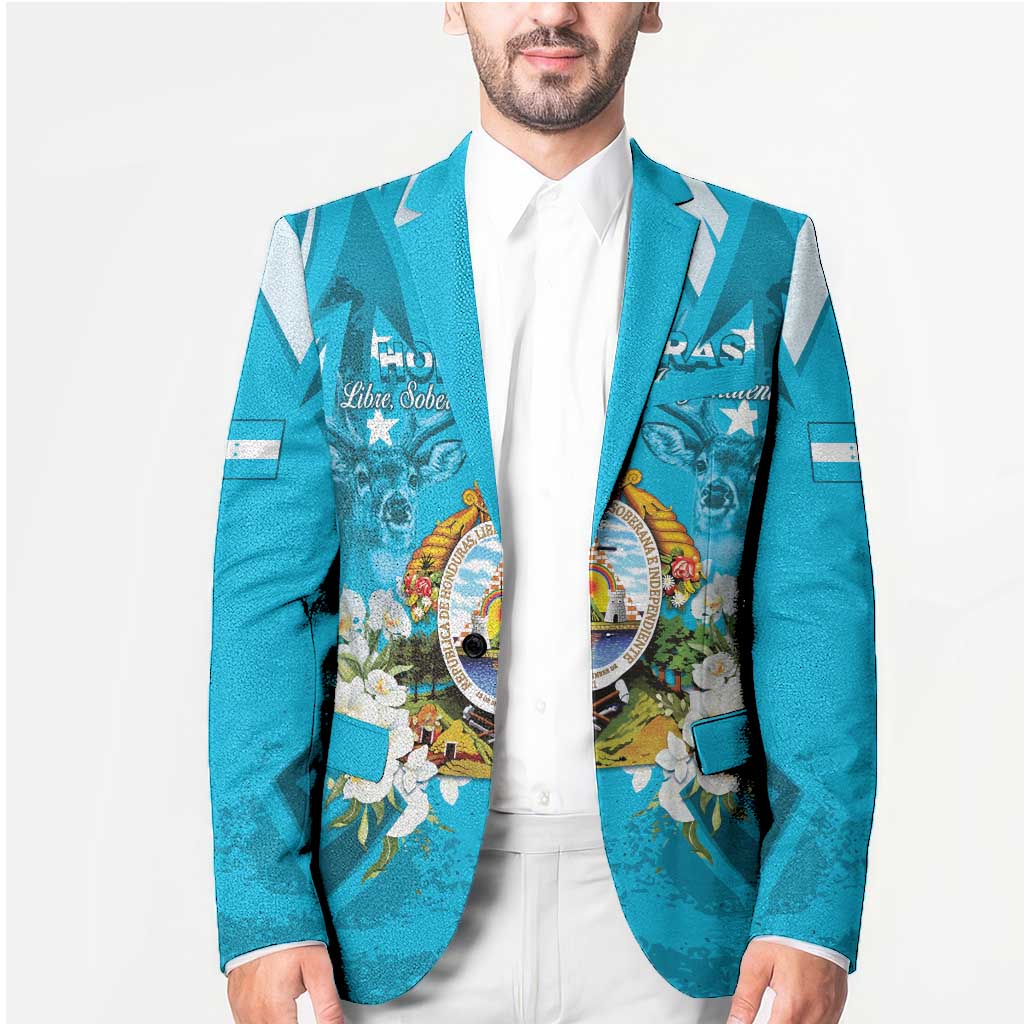Unisex teal-blue blazer with notch lapels, central crest panel, and floral eagle graphics.