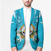 Unisex teal-blue blazer with notch lapels, central crest panel, and floral eagle graphics.
