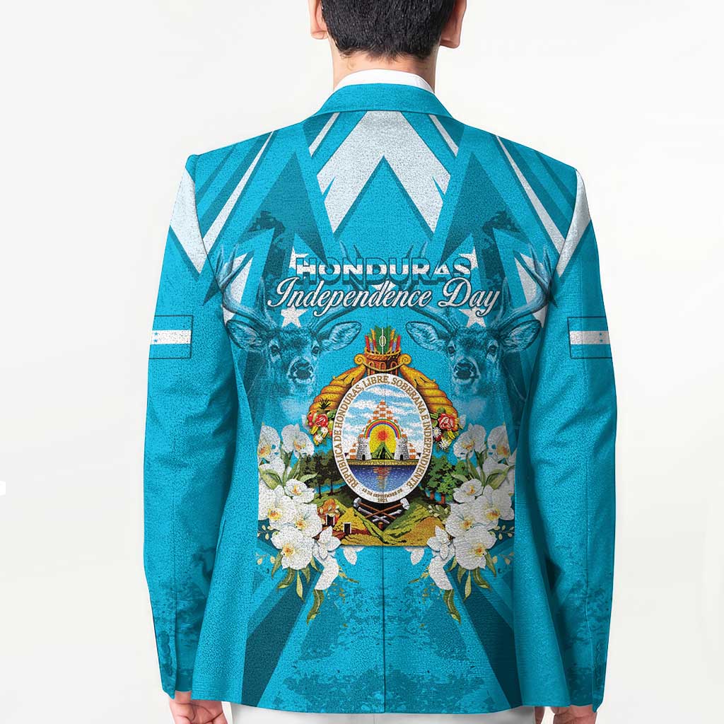 Unisex teal-blue blazer back with central crest, Independence Day lettering, and floral wreath.