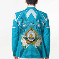 Unisex teal-blue blazer back with central crest, Independence Day lettering, and floral wreath.