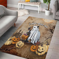 Beige Halloween area rug with capybara in white sheet, jack-o’-lanterns and bats