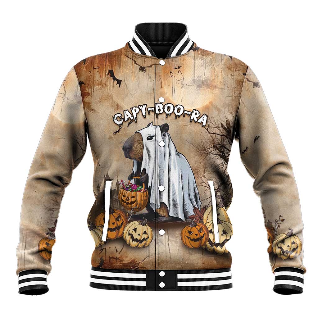 Beige baseball jacket with spooky capybara and pumpkin graphic, button-front.