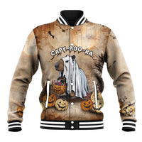 Beige baseball jacket with spooky capybara and pumpkin graphic, button-front.