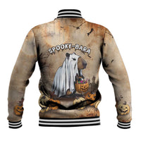 Beige baseball jacket back print with capybara in cloak and Halloween pumpkins.