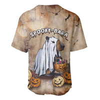 Beige Halloween capybara baseball jersey, back view with spooky-Bara text and pumpkins