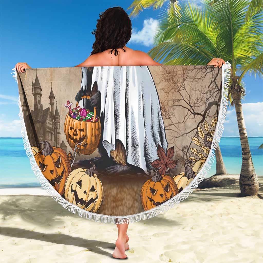 Round Halloween beach blanket with fringe trim, CAPY BOO-RA capybara artwork with pumpkins