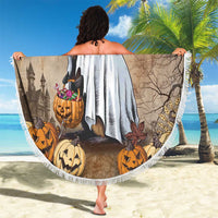 Round Halloween beach blanket with fringe trim, CAPY BOO-RA capybara artwork with pumpkins