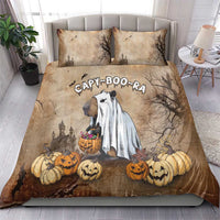 Halloween bedding set: beige-brown duvet with capybara ghost, pumpkins, and two matching pillowcases