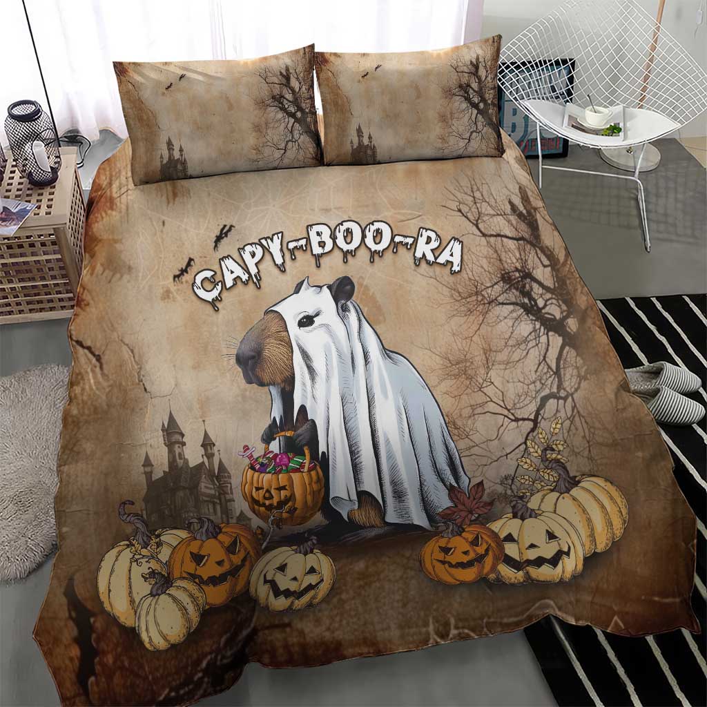 Halloween bedding set featuring capybara ghost design on beige-brown duvet with two pillowcases