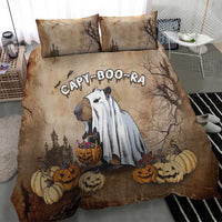 Halloween bedding set featuring capybara ghost design on beige-brown duvet with two pillowcases