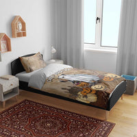 Halloween bedding set on bed: beige-brown duvet featuring capybara ghost, with two pillowcases