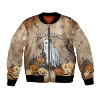 Beige bomber jacket with zip front, ribbed cuffs, capybara Halloween graphic