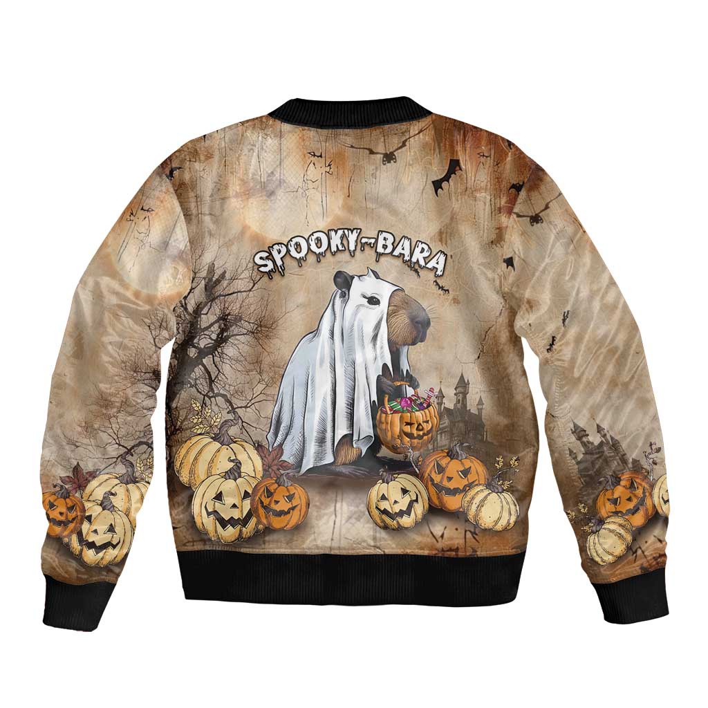 Beige bomber jacket with zip front and ribbed cuffs, spooky-bar! capybara pumpkins print