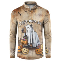 Beige long-sleeve button sweatshirt with cartoon capybara and pumpkins graphic.