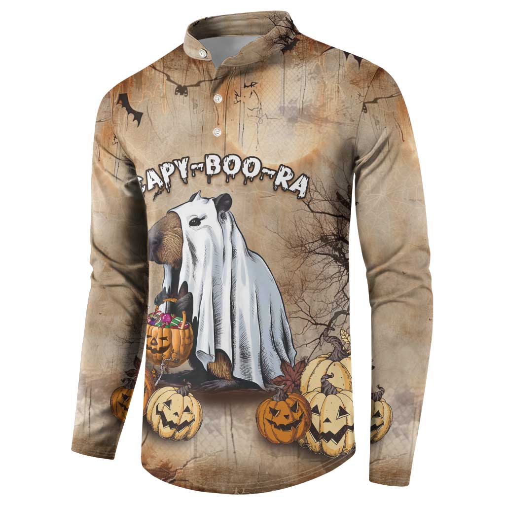 Beige long-sleeve button sweatshirt, capybara graphic with pumpkins and bats.