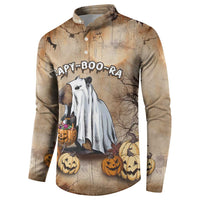 Beige long-sleeve button sweatshirt, capybara graphic with pumpkins and bats.