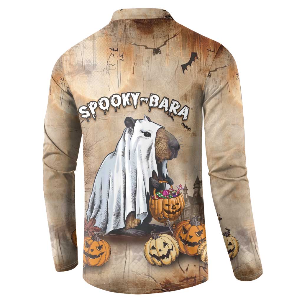 Beige long-sleeve button sweatshirt, back print capybara with pumpkins and bats.