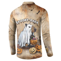Beige long-sleeve button sweatshirt, back print capybara with pumpkins and bats.
