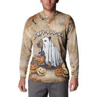 Beige long-sleeve button sweatshirt worn by model, capybara and jack-o’-lantern print.