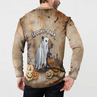 Beige long-sleeve button sweatshirt worn by model, back capybara with pumpkins graphic.