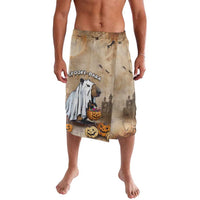 Men's Halloween print shorts, beige with spooky-Bara caption, bats, and jack-o'-lanterns