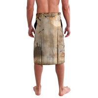 Men's Halloween sarong-style shorts, beige with dark bat and castle graphic